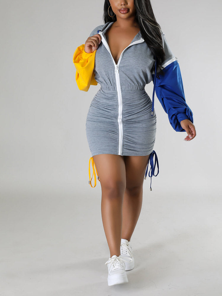 Hoodie Color Block Ruched Dresses