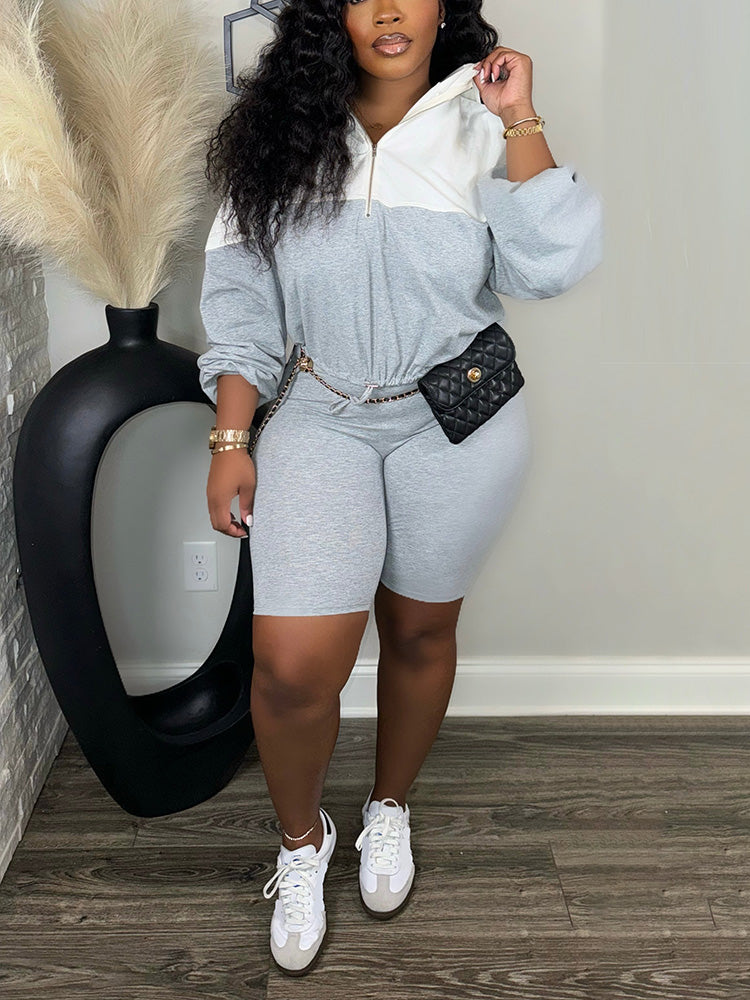 Half Zip Hoodie Biker Shorts Set