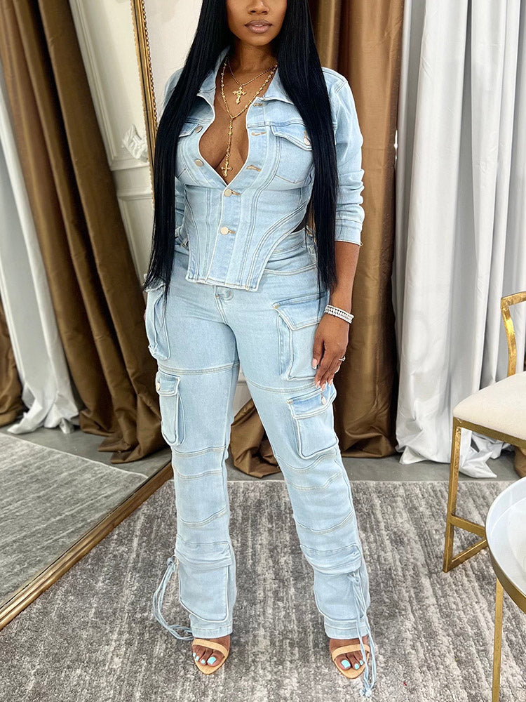 Denim Asymmetrical Jacket  Cargo Jeans Set