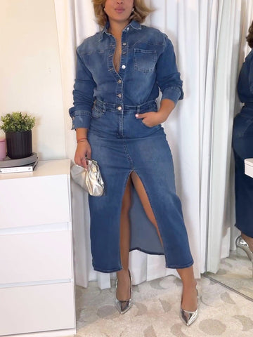 Denim Slit Maxi Dresses