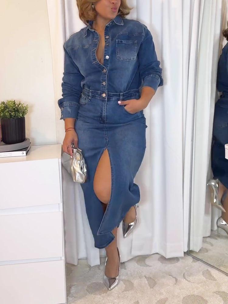 Denim Slit Maxi Dresses