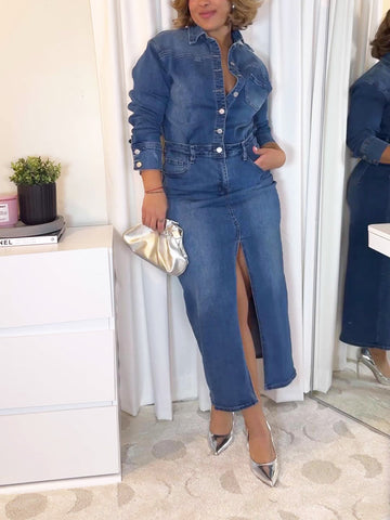 Denim Slit Maxi Dresses