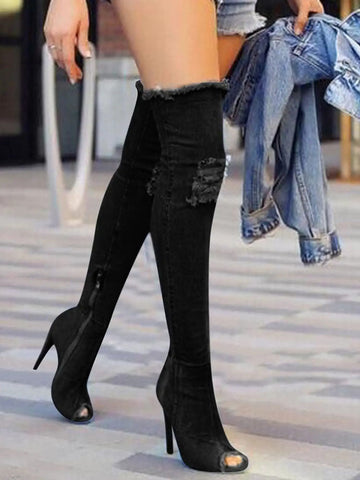 Peep Toe Over The Knee Denim Boots
