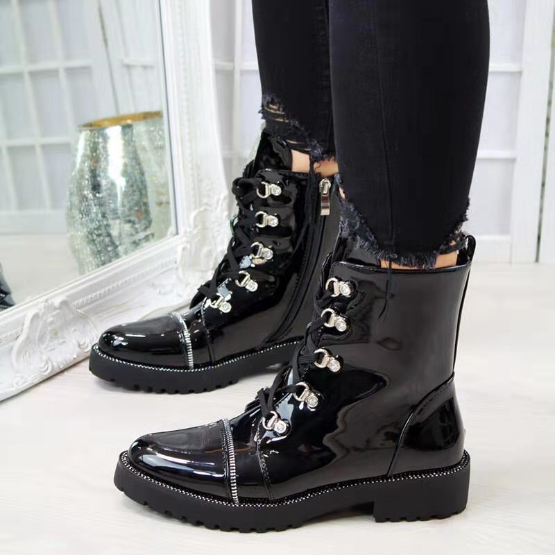 Black Lace-up Combat Boots With Zipper