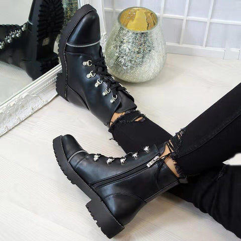 Black Lace-up Combat Boots With Zipper