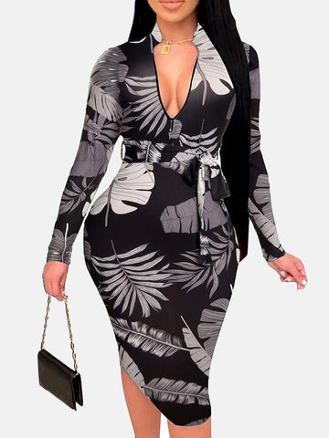 Zipper Print Pencil Midi Dresses