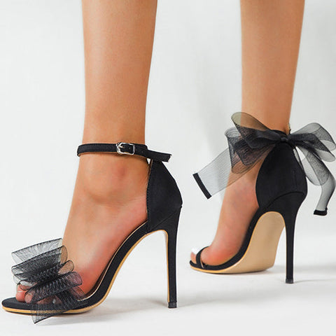 Black Stiletto Heels Bowknot Ankle Strap Sandals
