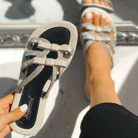 Bowknot Rhinestone Flats PU Slippers