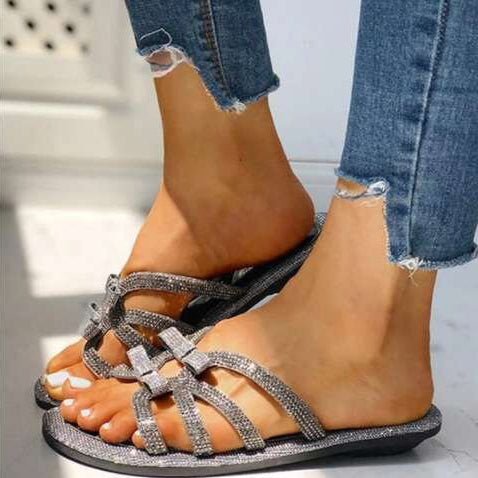 Bowknot Rhinestone Flats PU Slippers