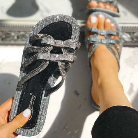 Bowknot Rhinestone Flats PU Slippers