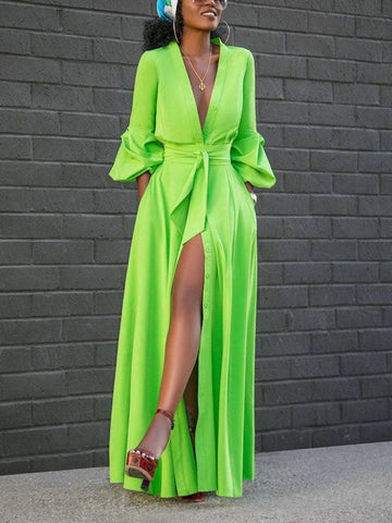 Button Down Slit V Neck Maxi Dresses