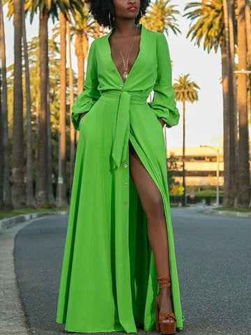 Button Down Slit V Neck Maxi Dresses