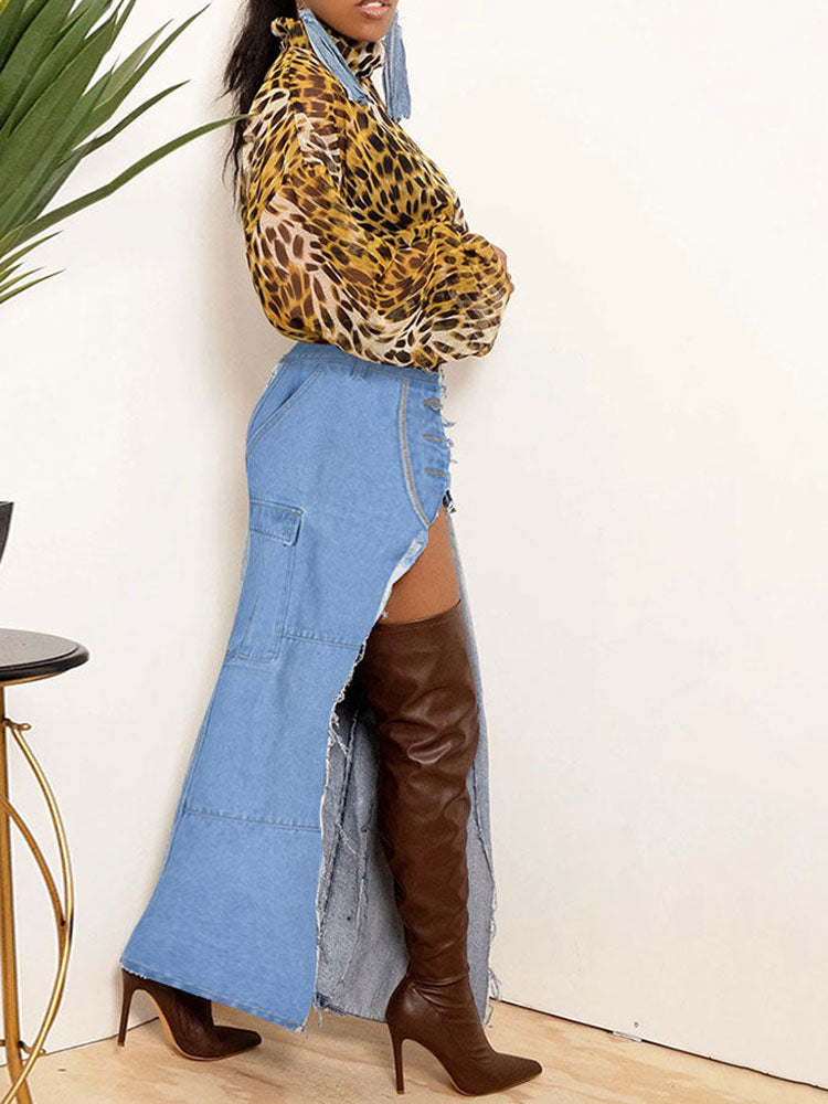 Denim Button High Split Skirts