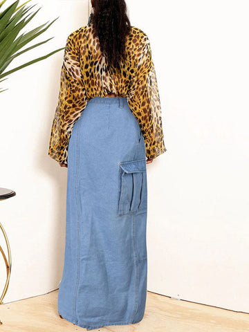 Denim Button High Split Skirts