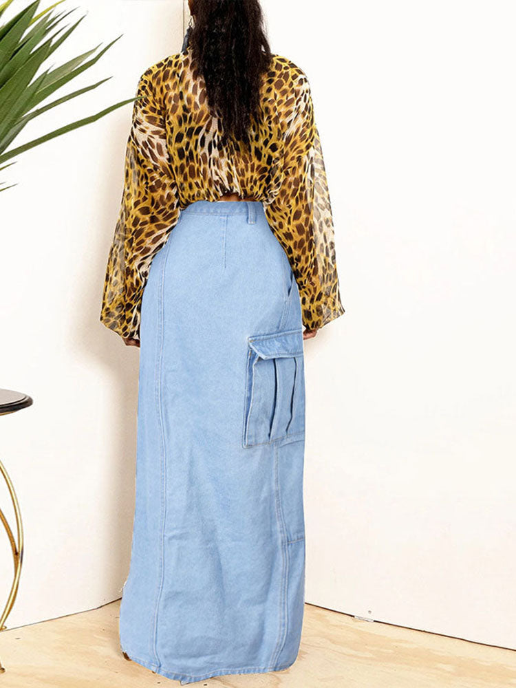 Denim Button High Split Skirts