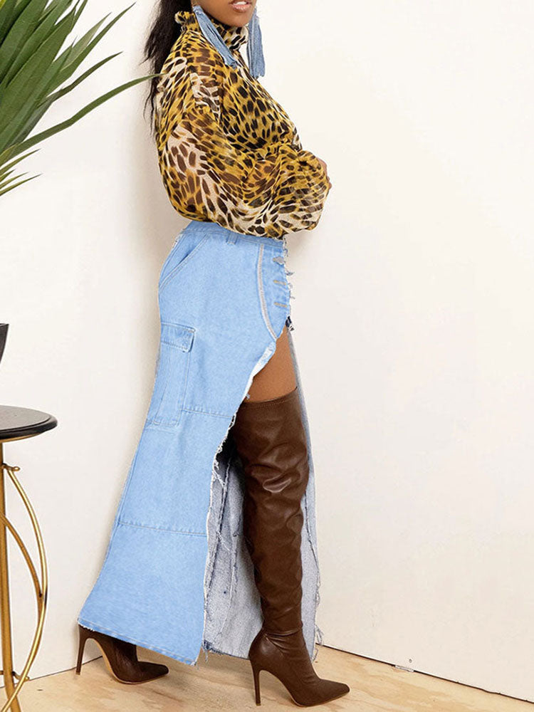 Denim Button High Split Skirts