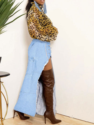 Denim Button High Split Skirts