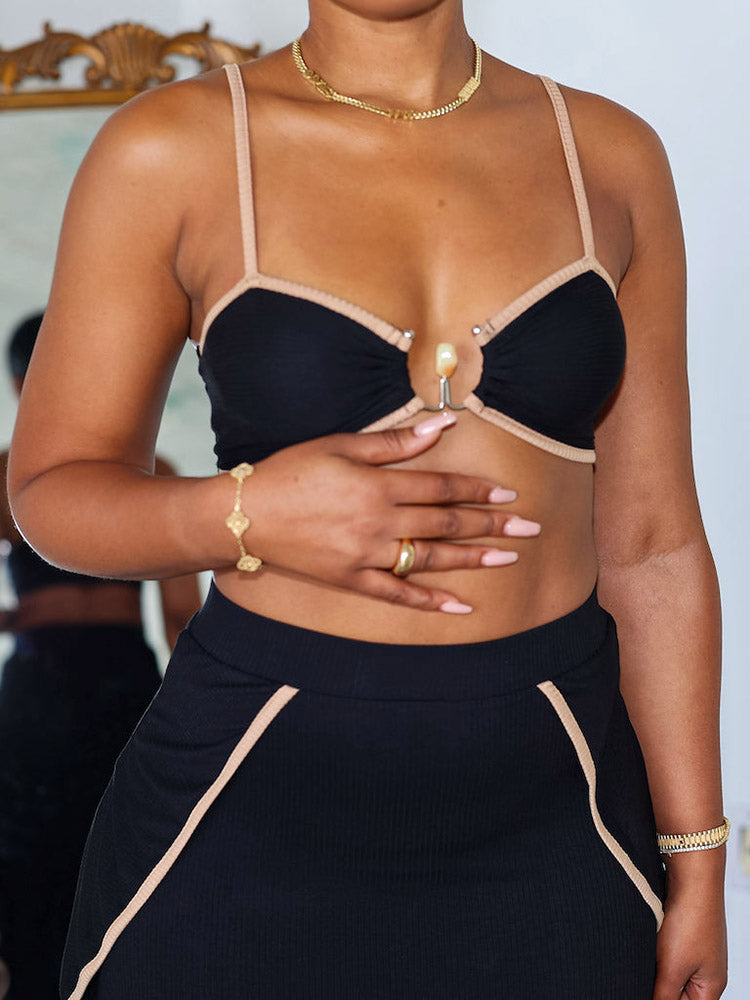 Ribbed Bralette Ruffle Trim Skirt Set