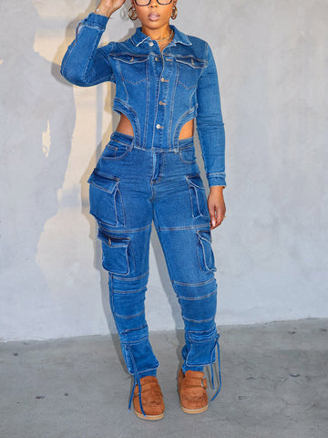 Denim Asymmetrical Jacket  Cargo Jeans Set