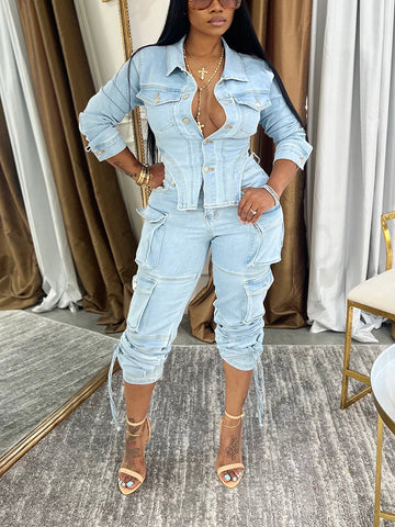 Denim Asymmetrical Jacket  Cargo Jeans Set