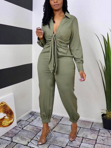 Casual Solid Turndown Collar Jumpsuits