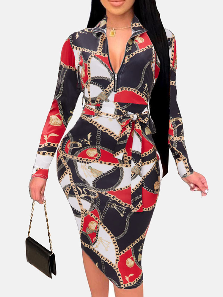 Zipper Print Pencil Midi Dresses