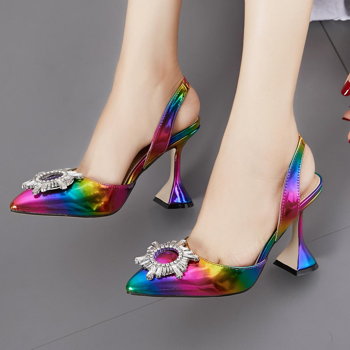 Cap-toe Pointed Head Heels Sandals With Rhinestone