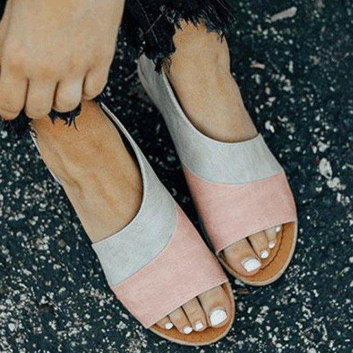Color-block Round Open-toe Flat Heel Sandals