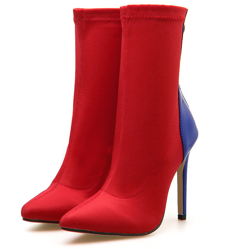 Colorblock Pointed Toe Stiletto Heels Boots With Zipper