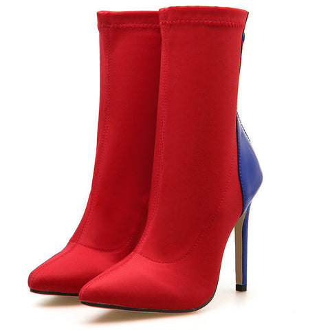 Colorblock Pointed Toe Stiletto Heels Boots With Zipper