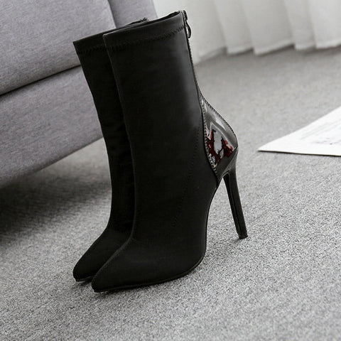 Colorblock Pointed Toe Stiletto Heels Boots With Zipper