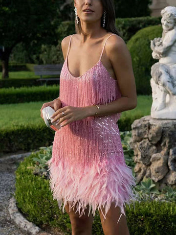 Feather Sequin Camisole Dresses