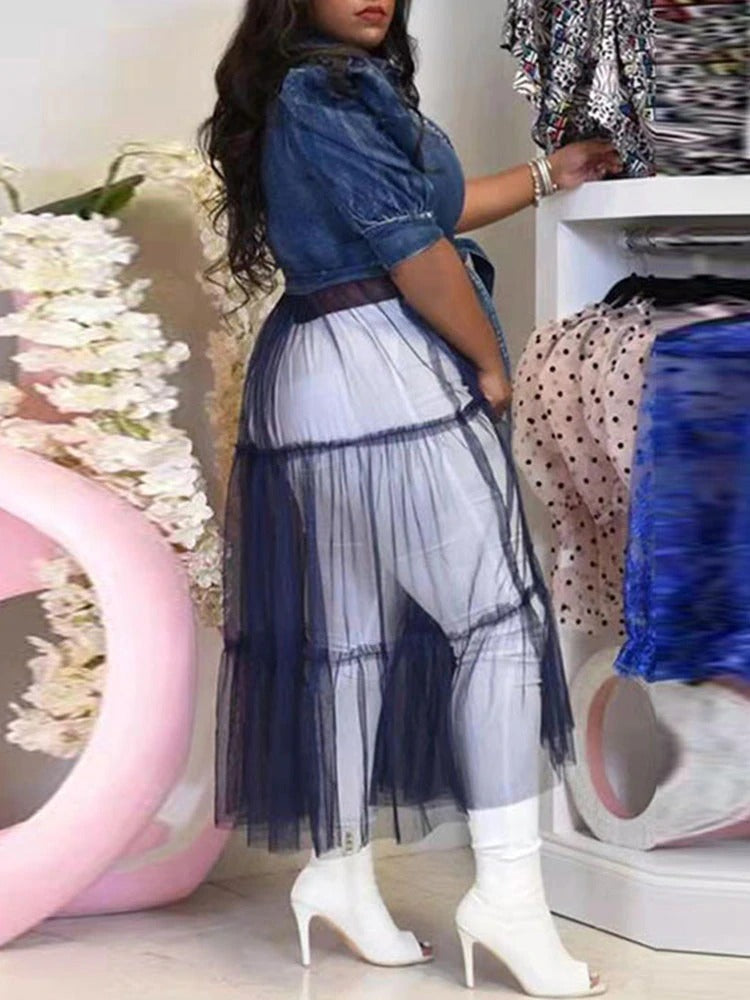 Denim Mesh Tulle Tops