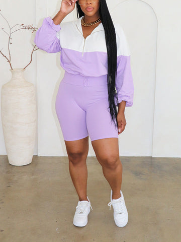 Half Zip Hoodie Biker Shorts Set
