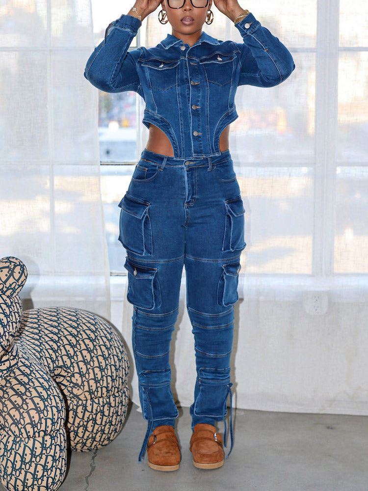 Denim Asymmetrical Jacket  Cargo Jeans Set
