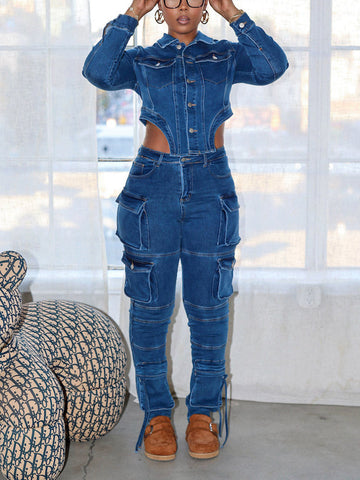 Denim Asymmetrical Jacket  Cargo Jeans Set