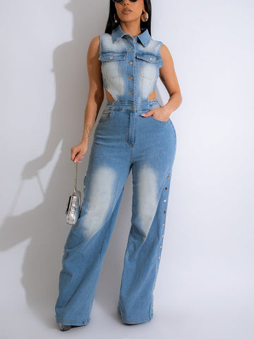 Snap It Out Wide Denim Jumpsuits