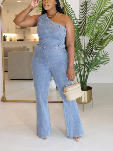 One Shoulder Denim Jumpsuits