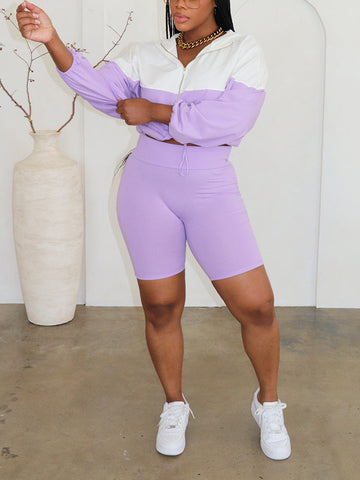 Half Zip Hoodie Biker Shorts Set
