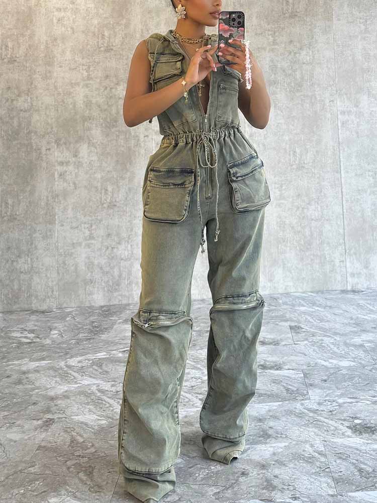 Vintage Hoodie Denim Jumpsuits