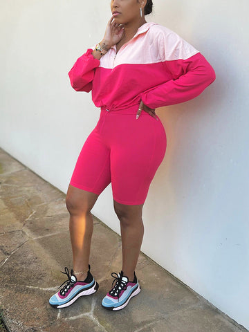 Half Zip Hoodie Biker Shorts Set