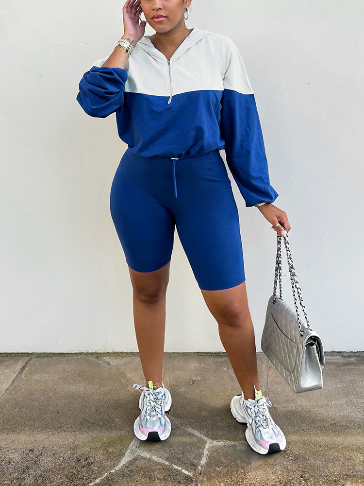 Half Zip Hoodie Biker Shorts Set