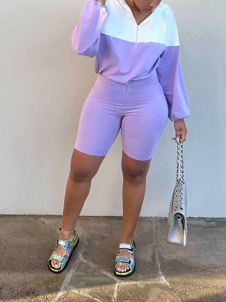 Half Zip Hoodie Biker Shorts Set