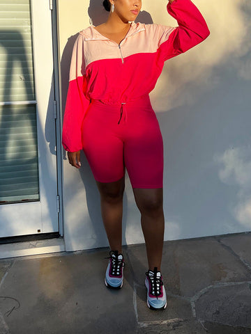 Half Zip Hoodie Biker Shorts Set