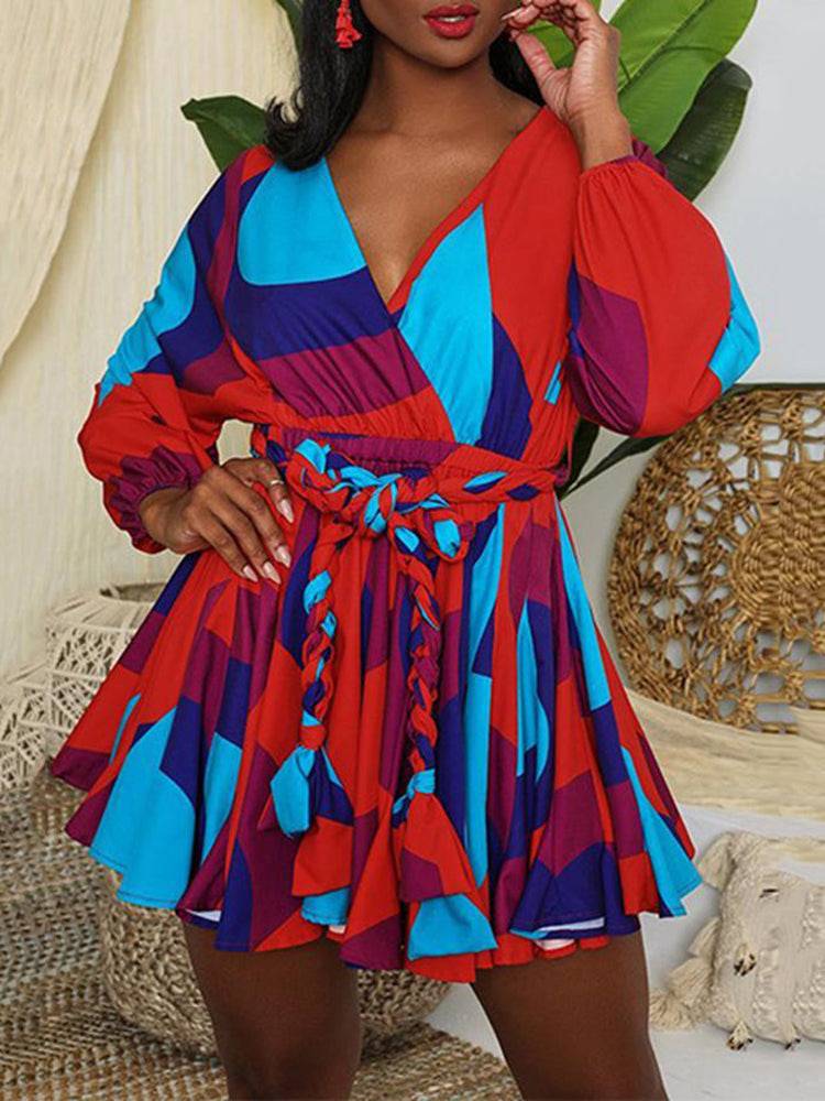 Tie Dye With Belt V Neck Dresses