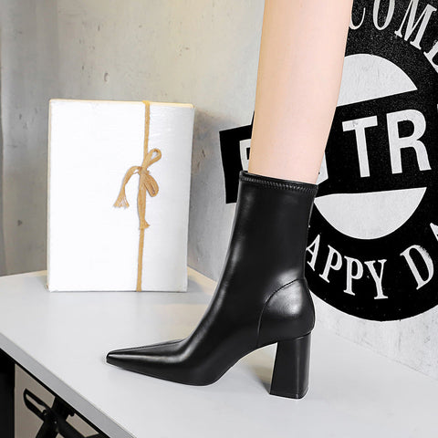 Fashion High Heel Pointed Toe Boots Black Short Boots