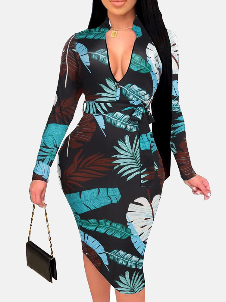 Zipper Print Pencil Midi Dresses