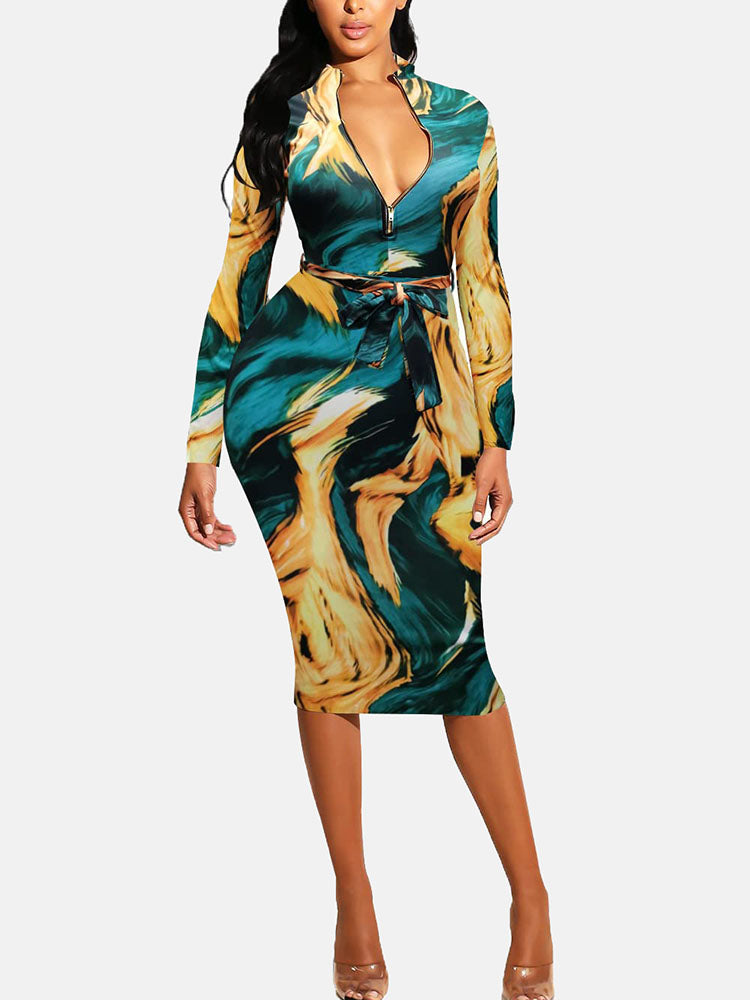Zipper Print Pencil Midi Dresses
