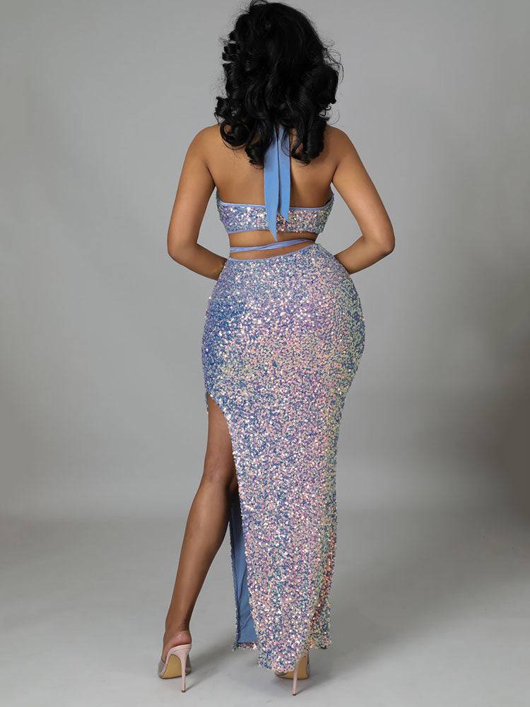 Halter Backless Top With Slit Skirt Set