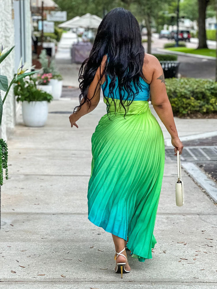 Ombre One Shoulder Pleated Dresses